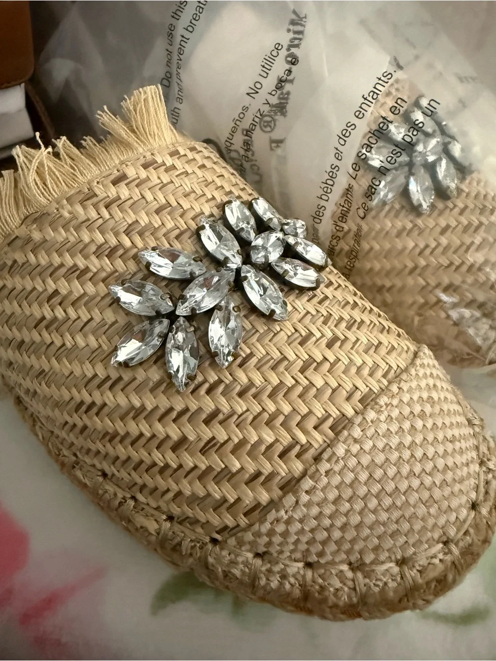 Crown Vintage Beige and Tan Jeweled Espadrille Ankle-Strap Flats